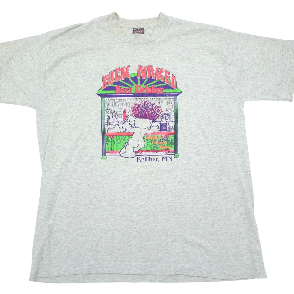 Vintage 80s 90s Buck Naked Beer Drinker Kelliher MN Liquor Store T Shirt L USA